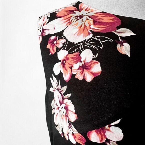 Vintage Y2K Black Knit Floral Print Knee Length Bodycon Cocktail Dress Size M - Picture 6 of 6